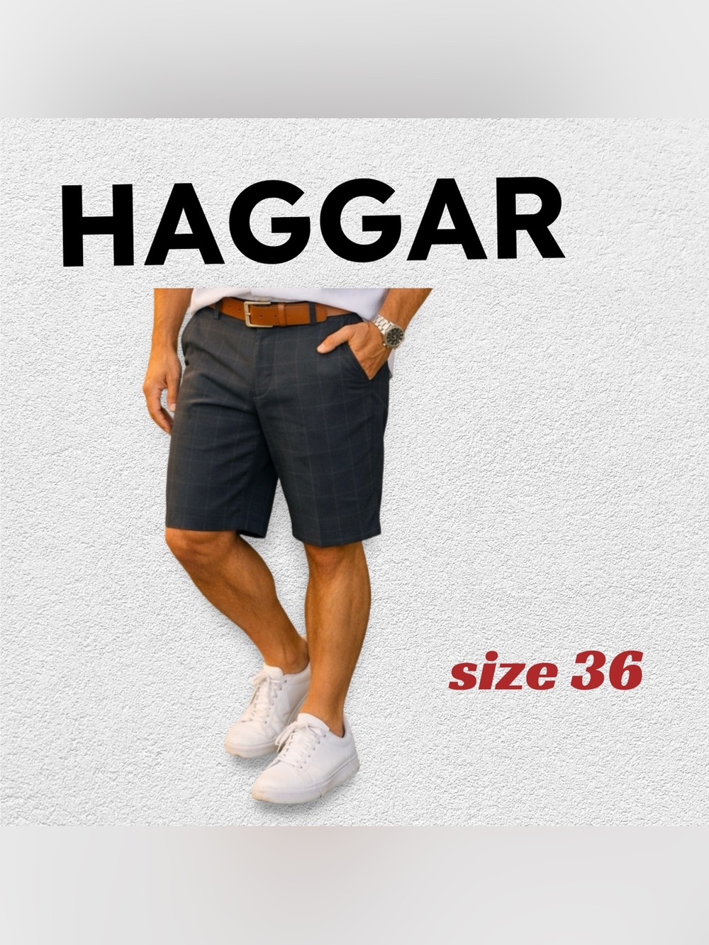 🇺🇸👍GUC HAGGAR | S 36 | Smart Casual Gray Plaid Cool 18 chino shorts